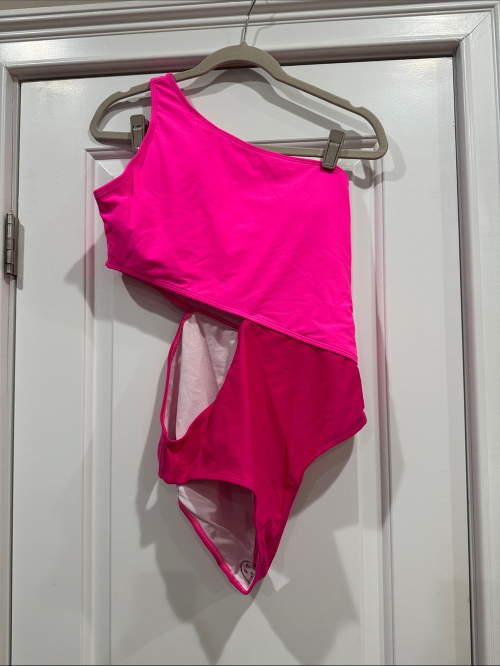 One-Piece Asymmetric Cut Out Two Tone Neon Pink Swimsuit
